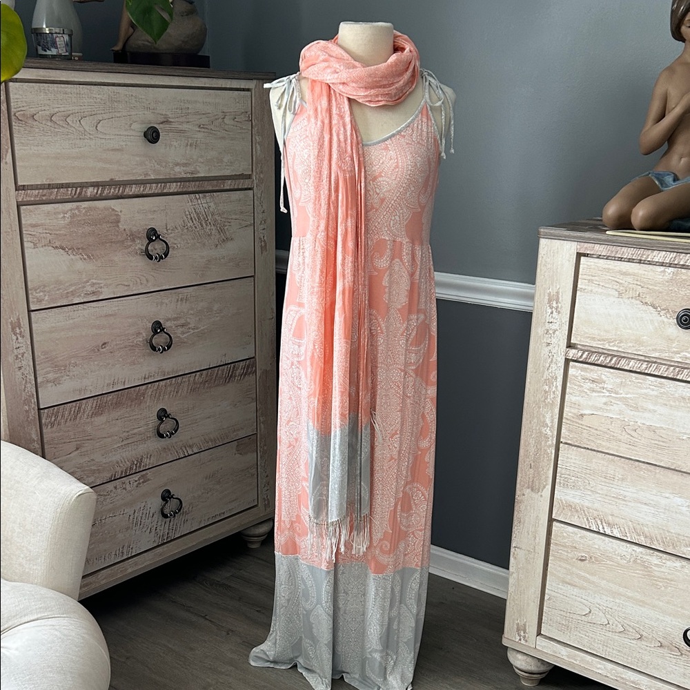 Tommy Bahama Coral and Gray summer maxi dress with Scarf wrap size L GUC